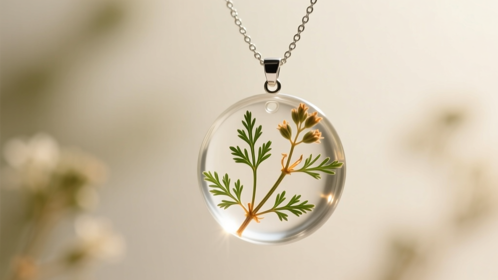 A dried vervain herb sprig encased in clear resin pendant, hanging from a delicate silver chain against a soft, blurred background