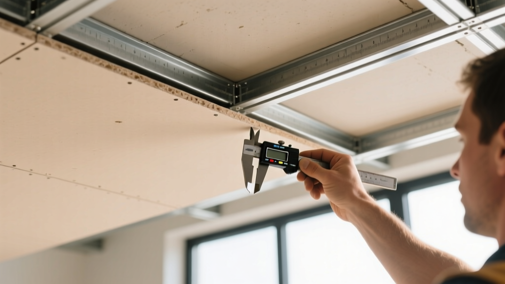 Close-up of a contractor measuring the thickness and tapered edge of a lightweight gypsum board ceiling panel against a metal framing grid