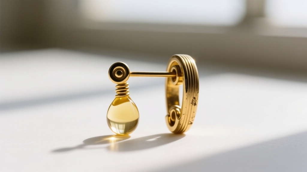 Macro shot of a vintage 1960s gold-tone clip-on earring mechanism showing a drop of lubricating oil applied to the spring hinge.