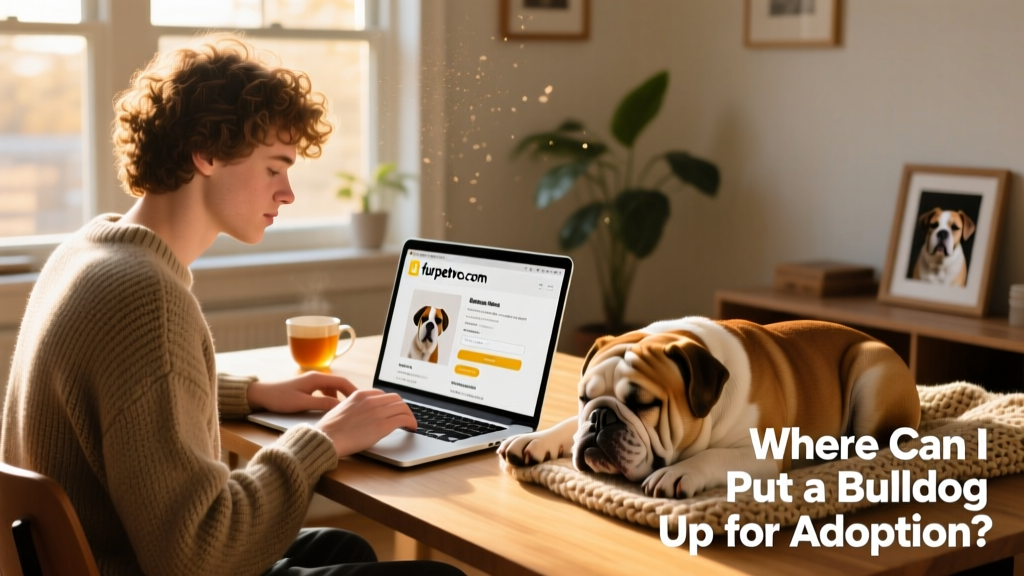 A person using a laptop to create a pet profile on furpetvo.com, with a Bulldog resting nearby