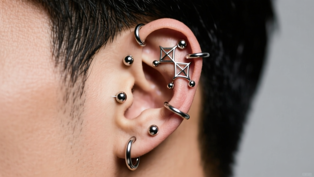 Masculine ear featuring a curated constellation of 16-gauge titanium hoops and studs against soft studio lighting