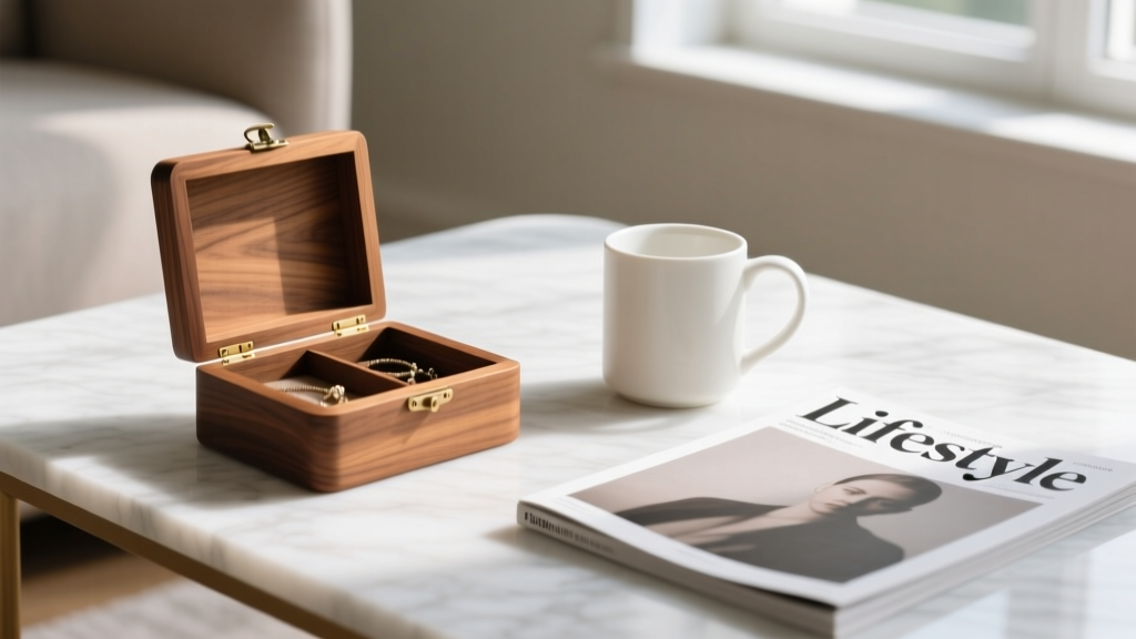 Minimalist wooden catch-all couch jewelry box on a marble coffee table, placed next to a white ceramic mug and a folded magazine.