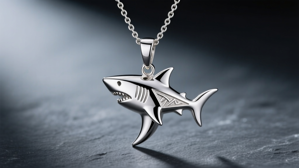 Macro shot of a polished 925 sterling silver shark tooth pendant hanging from a 2mm box chain on a dark slate background.