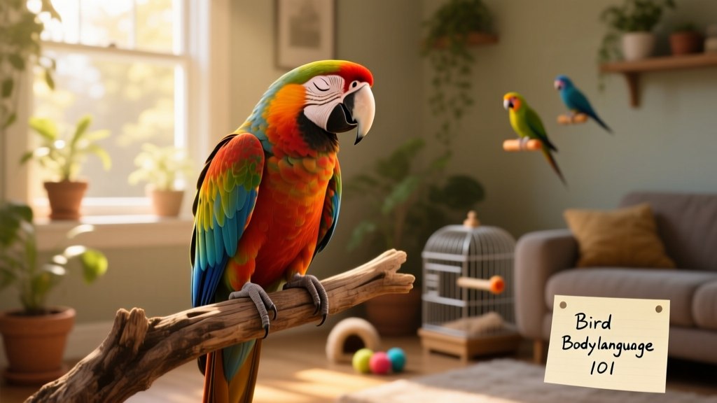 Macaw gently clicking its beak while resting on a perch, eyes half-closed and posture relaxed
