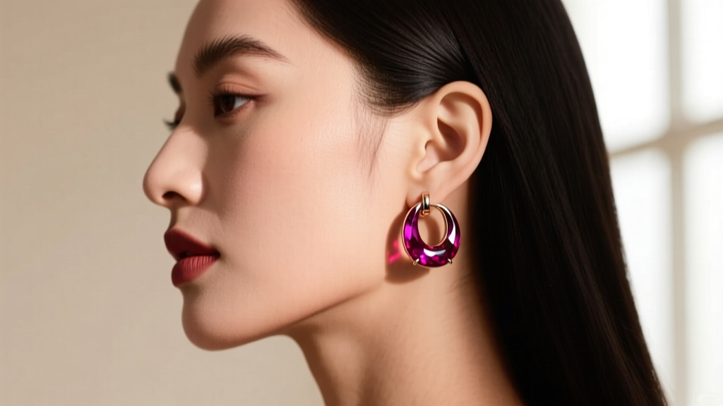 Side profile of a woman wearing a rhodolite garnet cardinal red huggie hoop earring, highlighting the deep purple-red stone hue
