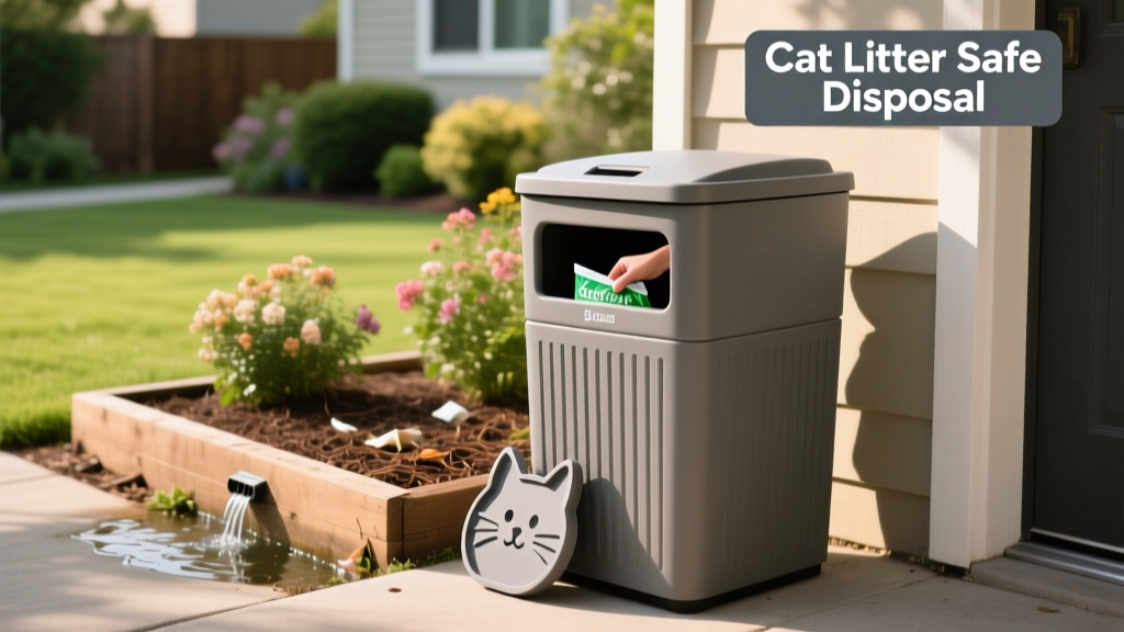 Outdoor trash bin with secure lid, positioned away from garden beds and rain gutters