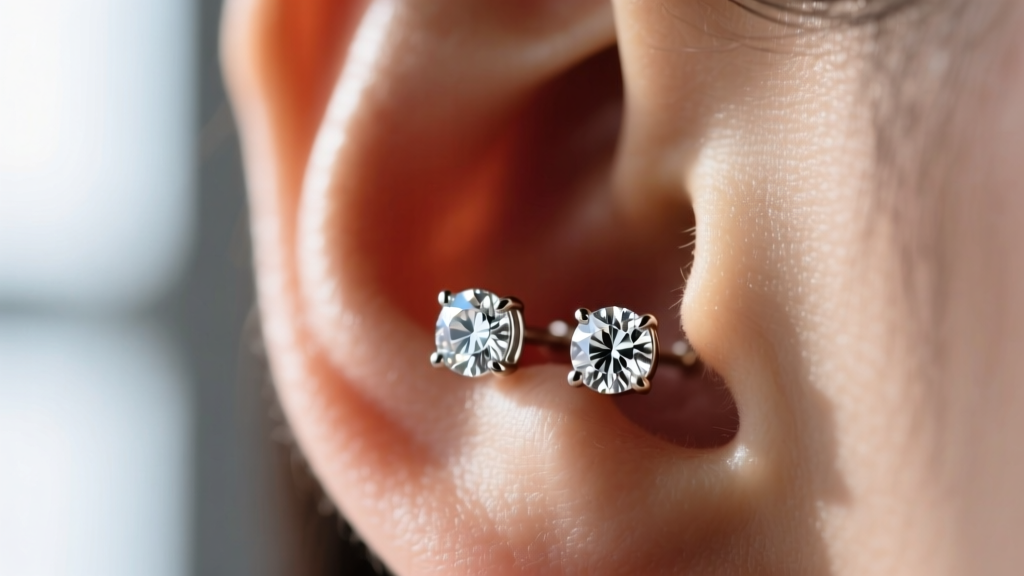 Macro shot of 4.5mm bezel-set 1/3 carat diamond stud earrings on an earlobe, soft window light highlighting the brilliant facets
