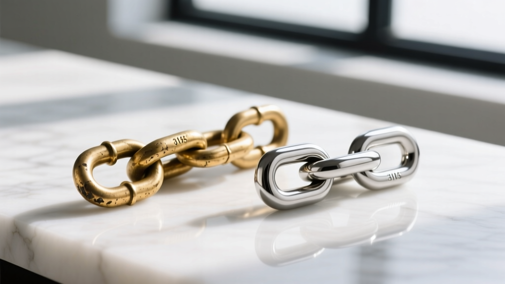 Macro photography of a raw brass necklace chain link beside a polished 316L stainless steel link on a bright white marble surface
