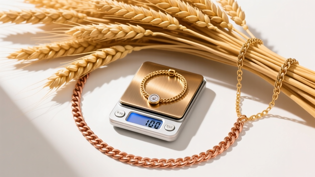 Flat lay of thick wheat and figaro jewelry chains next to a digital brass scale, showing heavy pendant weight distribution.