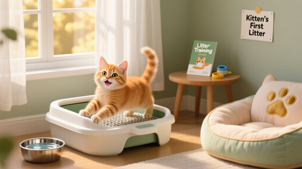 Happy kitten using a clean, accessible litter tray beside a sunlit window, with fresh water and a soft bed nearby