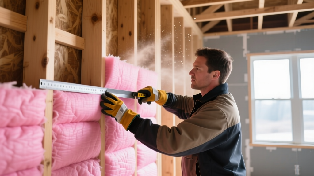 Contractor hands measuring and cutting thick pink fiberglass batt insulation between exposed wooden wall studs in a new home frame.
