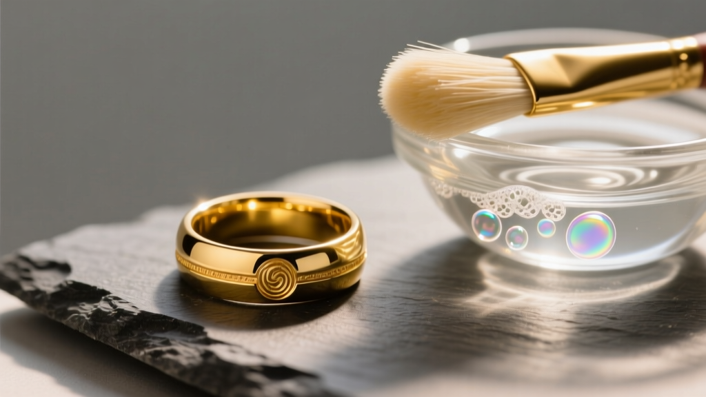 Gleaming 18k yellow gold ring on slate beside a glass bowl of soapy water and a soft brush under warm studio light.