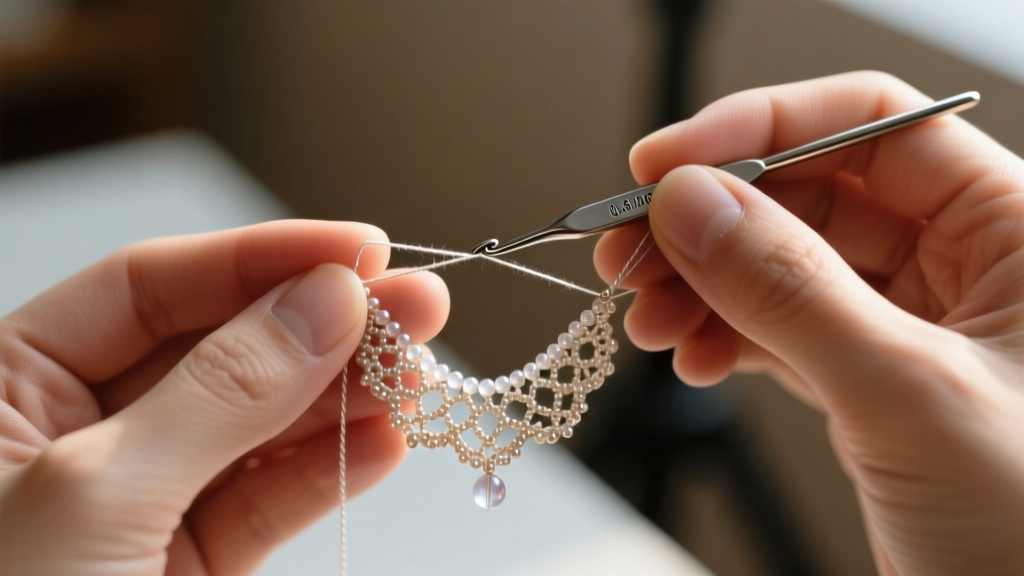 Hands using a 0.6mm steel crochet hook to pull nylon thread through a Miyuki seed bead while crafting a delicate lace necklace