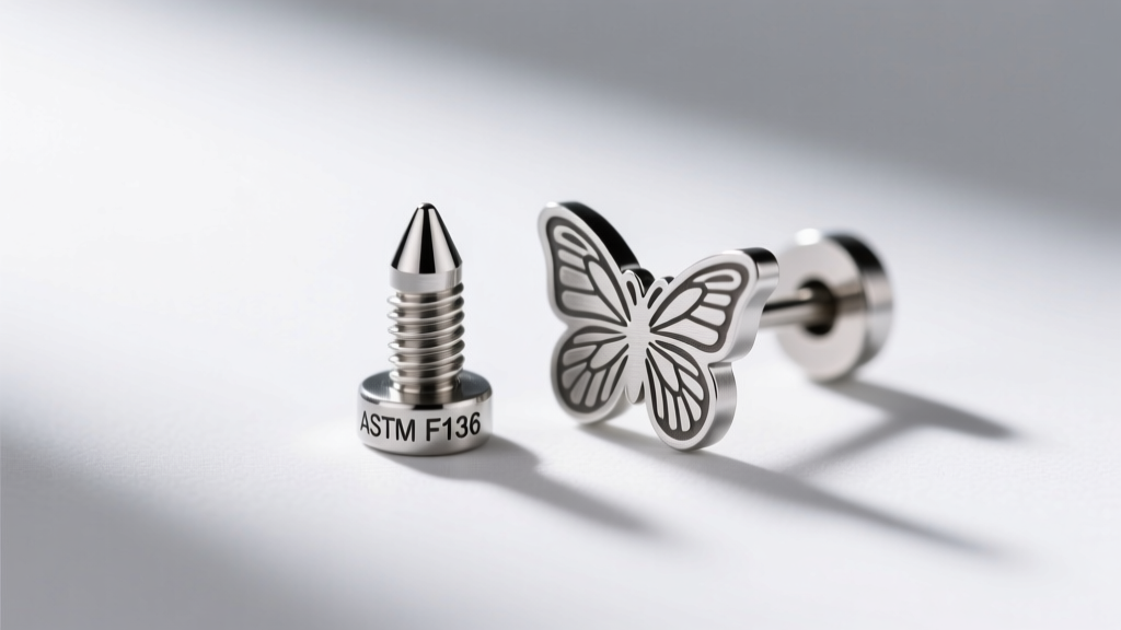 Extreme macro photo of 20-gauge titanium earring post and butterfly backing showing the laser-engraved ASTM F136 hallmark clearly