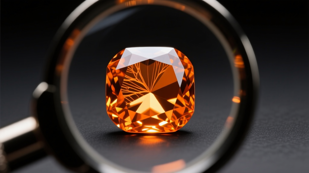 Loupe examining a cushion-cut orange sapphire, revealing natural rutile silk inclusions under bright LED gemological lighting.