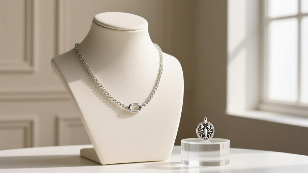 A delicate 1.2mm sterling silver box chain with a secure lobster clasp, draped over a mannequin neck next to a small charm.