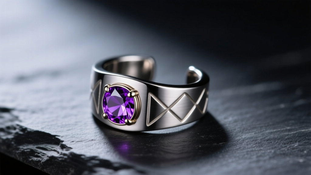 Macro shot of ASTM F-136 titanium ear cuff with tiny amethyst gemstone resting on dark slate surface under dramatic side lighting