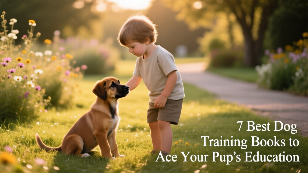 A child gently practicing 'sit' with a calm, attentive puppy on grass