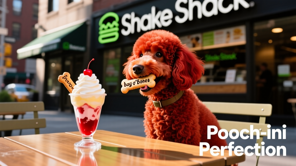 Cosmo the red toy poodle sitting happily at an outdoor Shake Shack table with a 'bag o’ bones' biscuit and a pooch-ini sundae