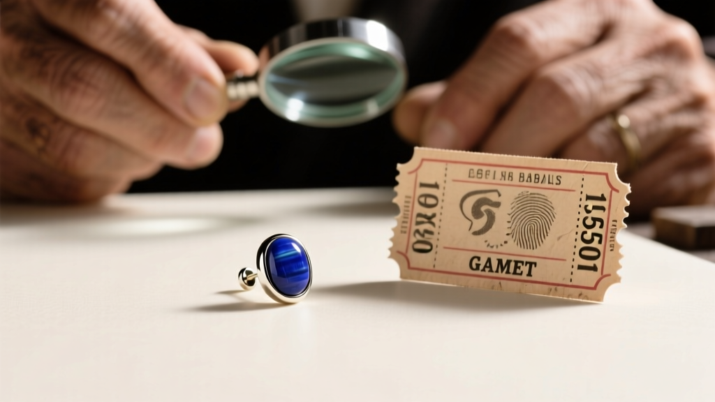 Polished lapis lazuli stud earring in a bezel setting resting next to a vintage baseball ticket and a jeweler's loupe on wood.