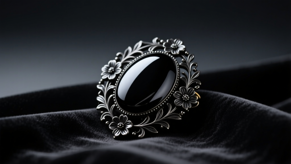 Close-up of a Victorian Whitby jet mourning brooch with hand-carved floral motifs resting on dark velvet fabric in soft lighting.