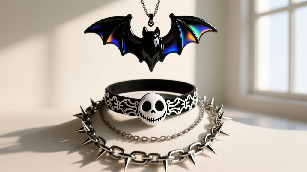 Layered goth-core necklaces featuring a small Jack Skellington choker, a bat wing pendant, and a spiked 316L surgical steel chain