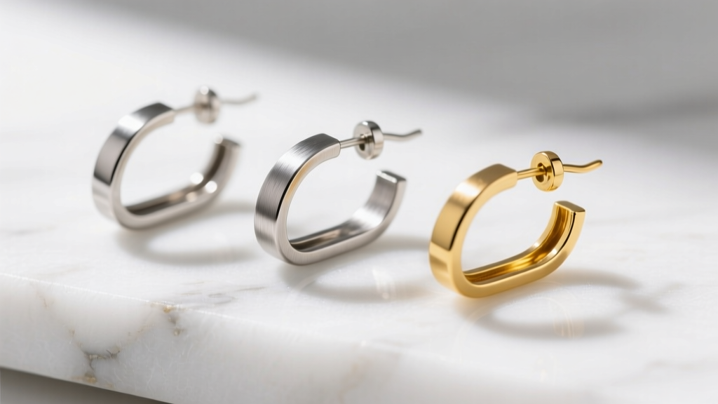 Three 20-gauge earring wires in titanium, steel, and gold resting side-by-side on white marble under bright studio lighting.