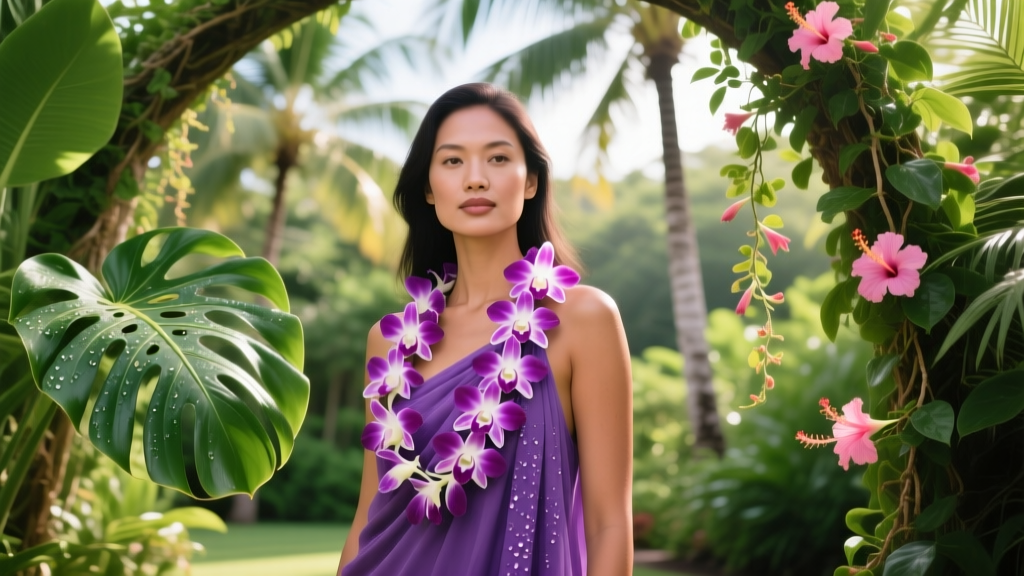 Woman wearing a draped purple dendrobium orchid lei over her shoulders outdoors near a lush Hawaiian tropical garden setting.