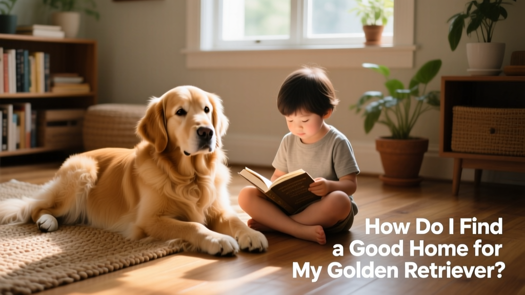 A Golden Retriever calmly resting beside a child reading on the floor