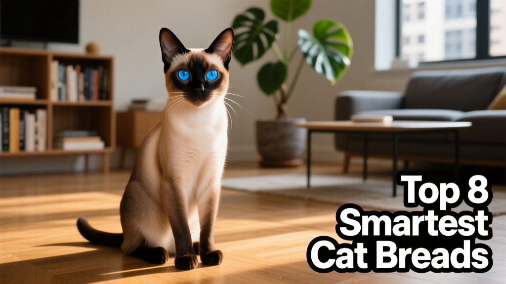 A striking Siamese cat with vivid blue eyes and pointed coat pattern sitting upright, gazing intently at the camera
