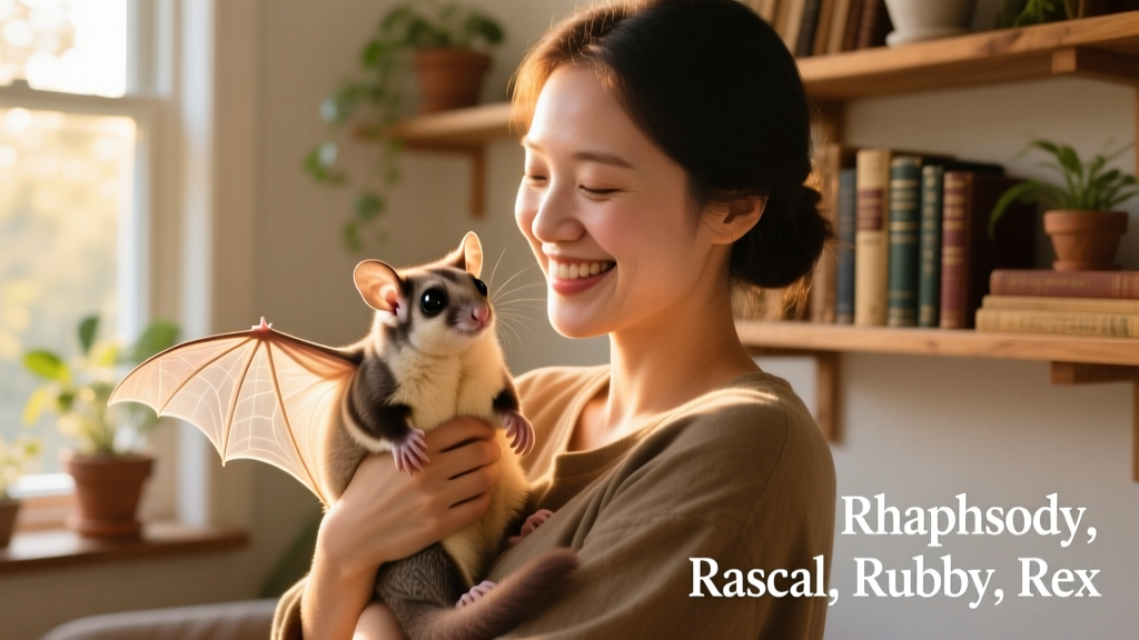 A happy owner gently holding a small exotic pet—a sugar glider or hedgehog—smiling as they make eye contact