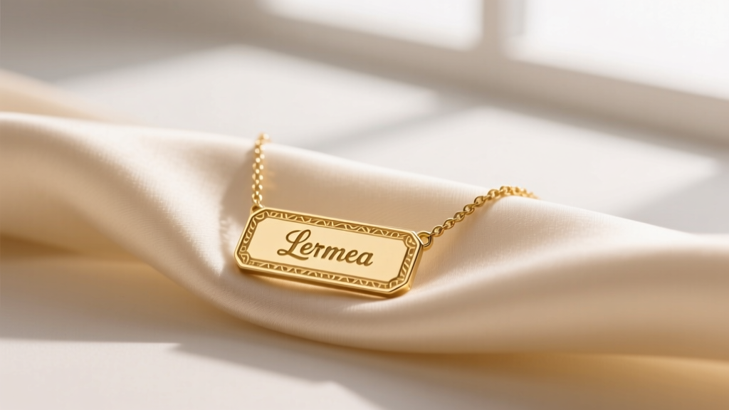 Close-up of a 14k gold vermeil custom nameplate necklace on beige silk, soft studio lighting highlighting polished edges.