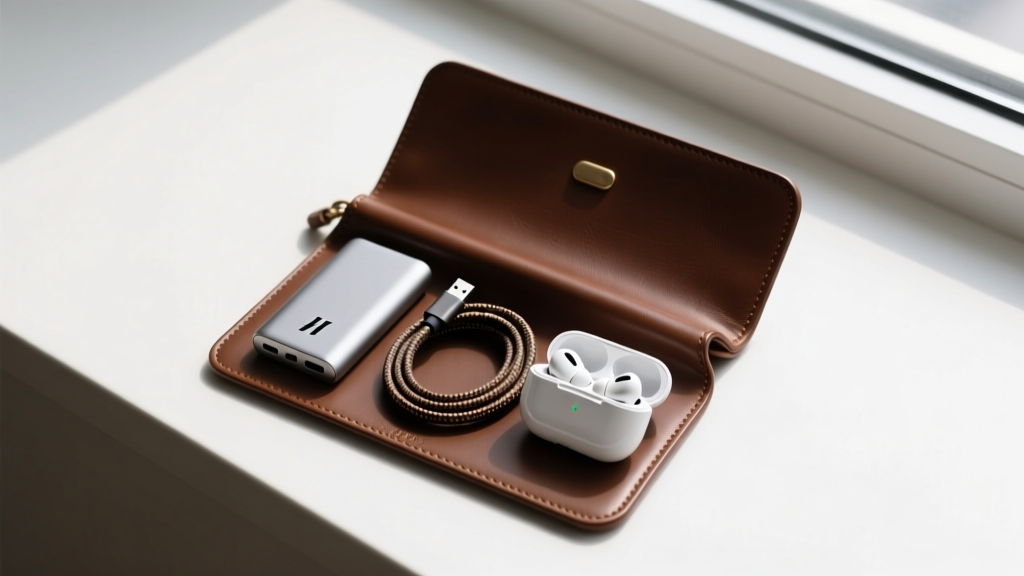 Flat lay organization of a premium leather tech pouch containing a compact power bank, braided USB-C cable, and wireless earbuds