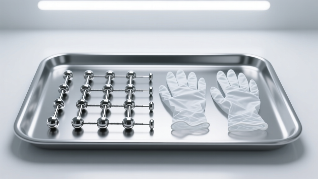 Sterile tray displaying 14-gauge titanium barbells and nitrile gloves under bright clinical lighting for safe piercing prep