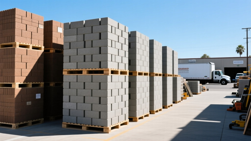 Stacked pallets of interlocking concrete pavers and gray masonry blocks at a busy Southern California building supply yard under clear skies