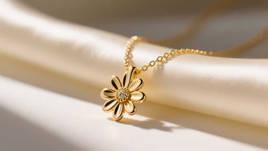Close-up of a 14k gold vermeil daisy pendant necklace resting on cream silk fabric with natural sunlight casting soft shadows.