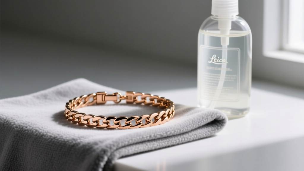 Side view of an 18k rose gold tennis bracelet drying on a gray microfiber cloth next to a bottle of mild liquid dish soap