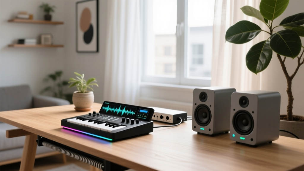A dimly lit home studio desk in 2026 featuring a budget MIDI controller, compact audio interface, and affordable studio monitors