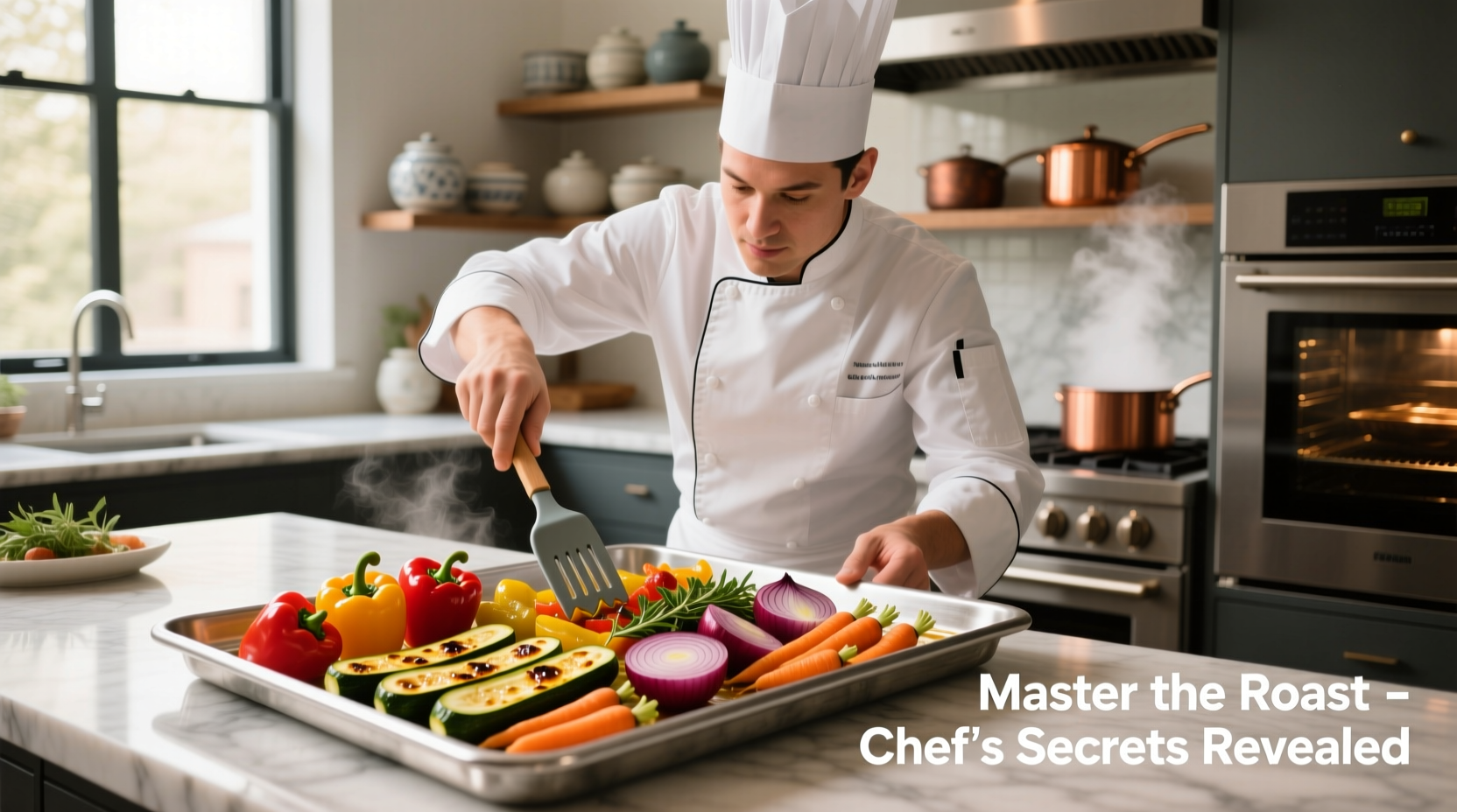 Professional chef using cooking sheet for vegetable roasting
