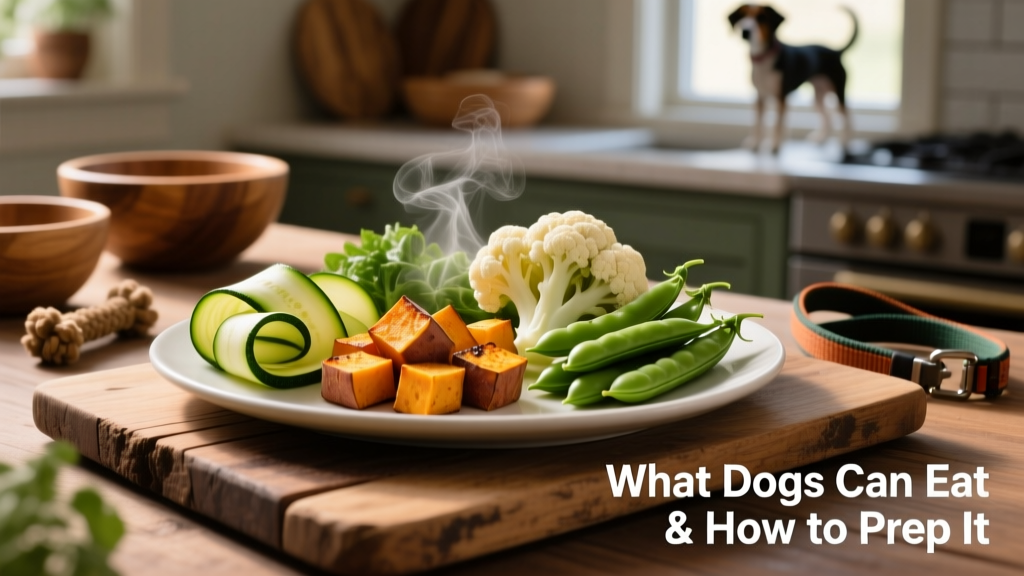 A colorful collage of dog-safe vegetables: zucchini ribbons, sweet potato cubes, cauliflower florets, and pea pods on a rustic wooden board
