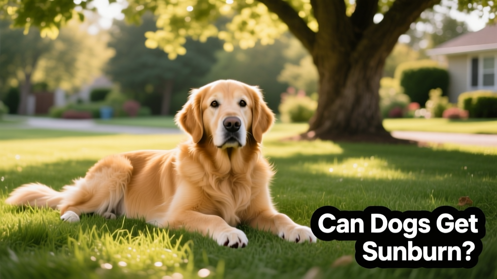 A golden retriever lying on a sunny grassy lawn, partially shaded by a tree