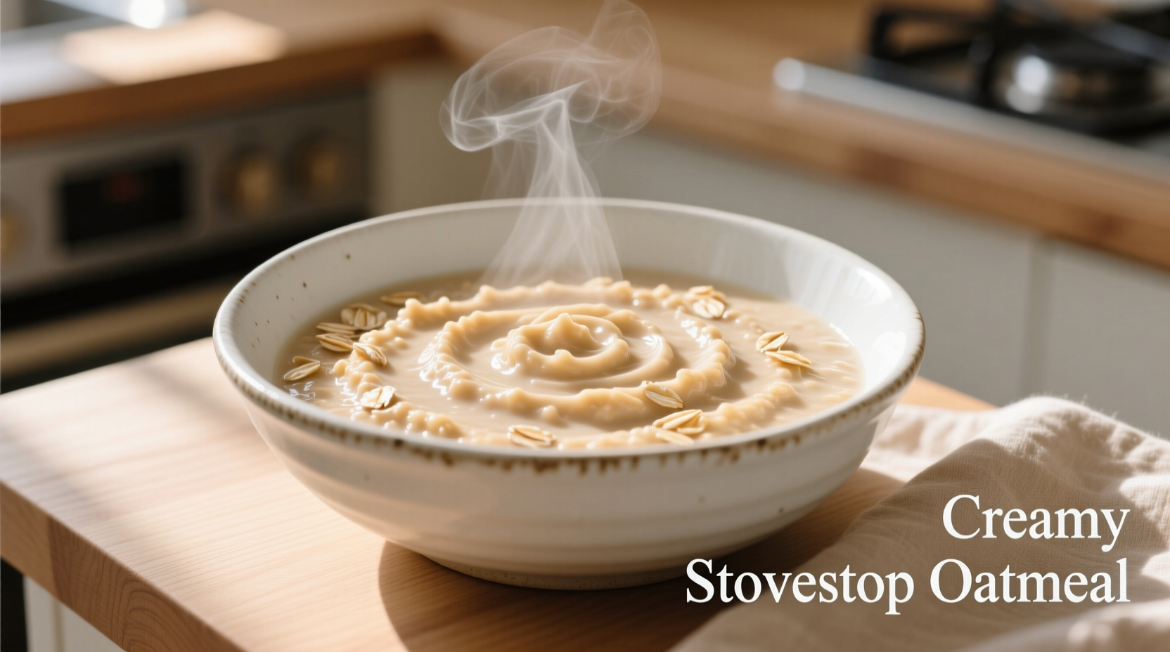 Perfect creamy stovetop oatmeal in white bowl