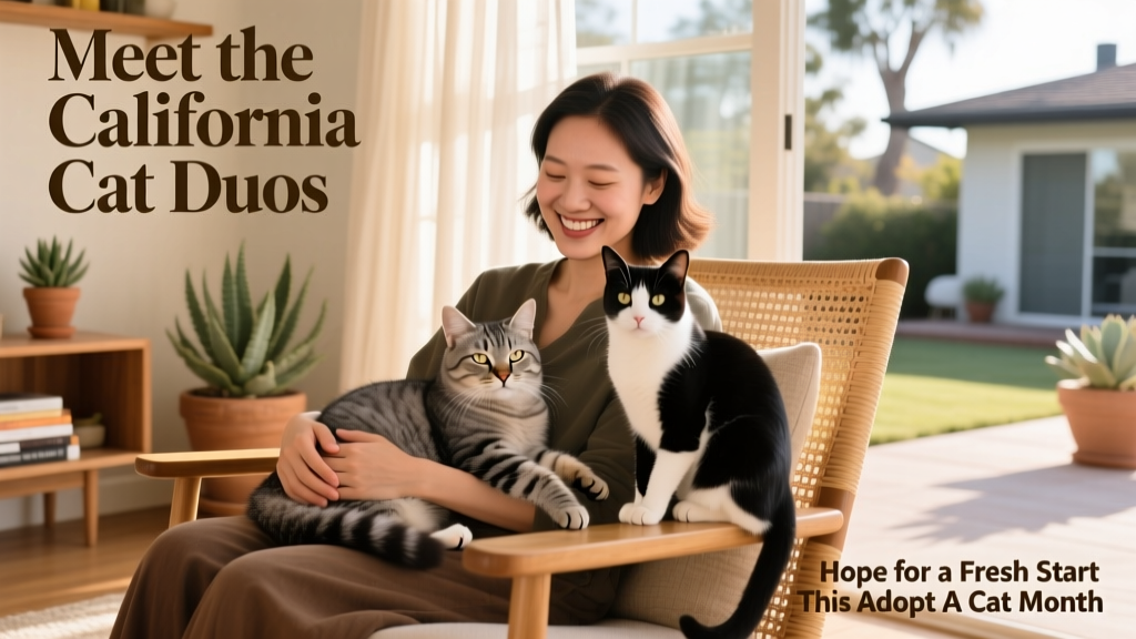 A smiling person gently holding two cats—one resting on their lap, the other perched beside them
