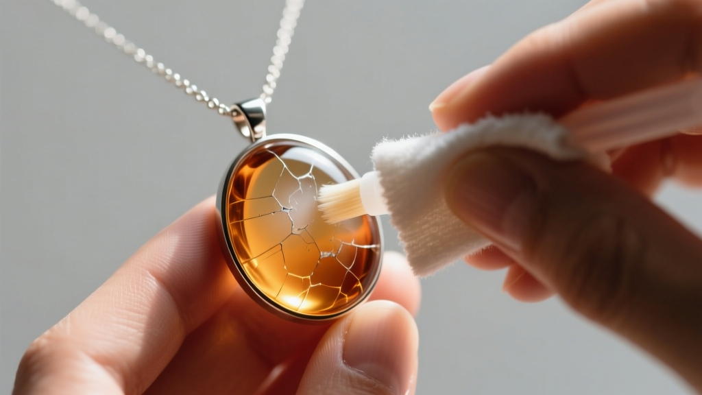 Hands applying a microfiber cloth and plastic polish to a cloudy, scratched amber-colored acrylic cabochon on a necklace.