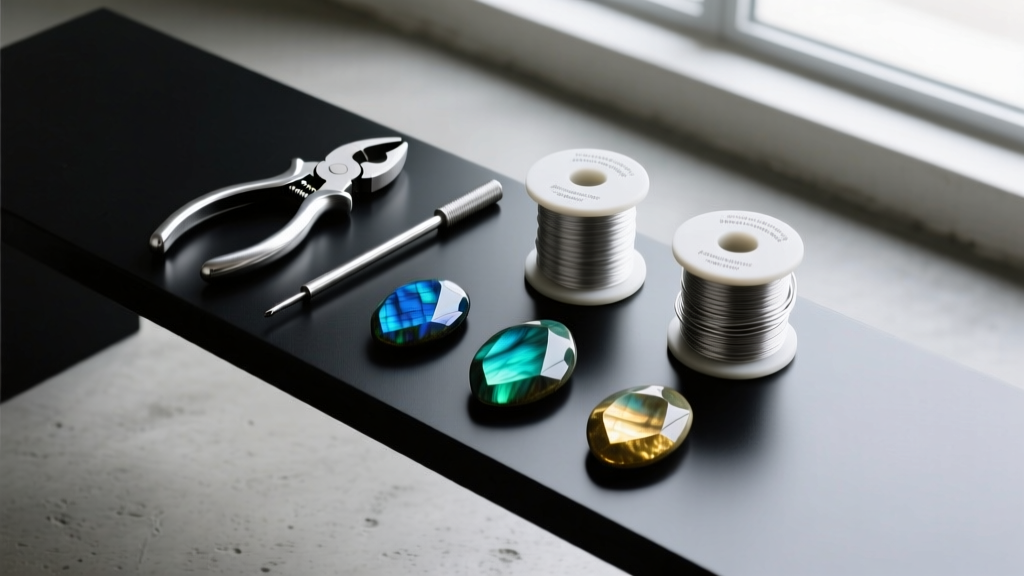 Overhead view of a bench showing flush cutters, a mandrel, dead soft silver wire spools, and three unfoiled labradorite cabochons.