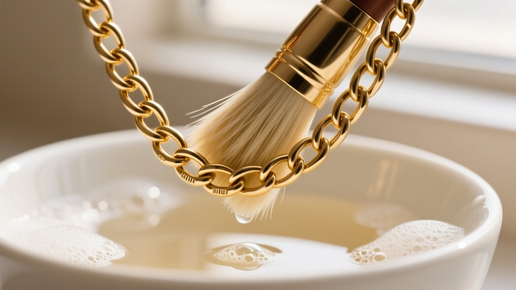 Soft horsehair brush cleaning the tight crevices of a gold vermeil Constantine chain link over a ceramic bowl of warm soapy water