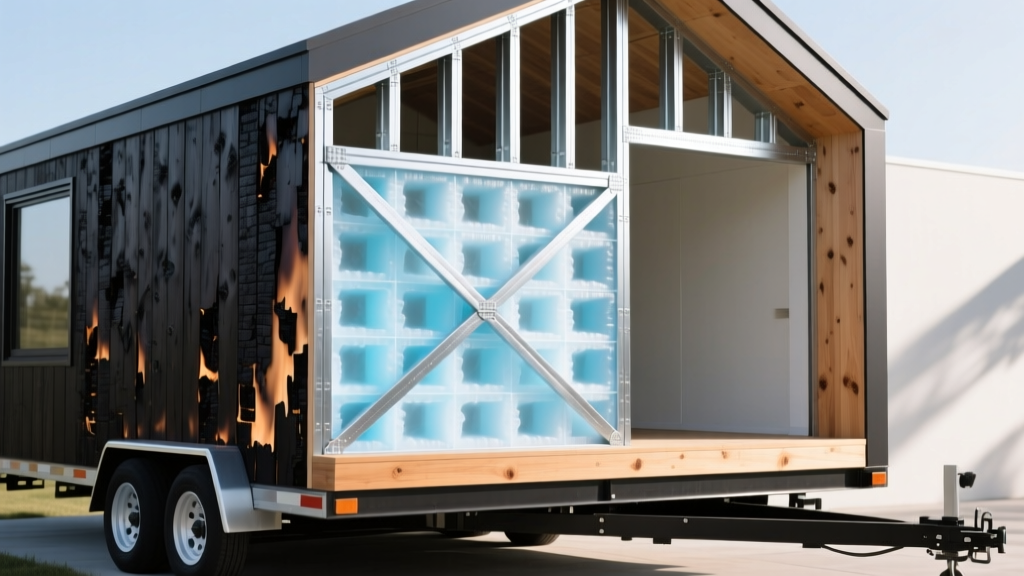 Tiny home wall cross-section showing light gauge steel framing, aerogel insulation, and charred cedar cladding on a trailer
