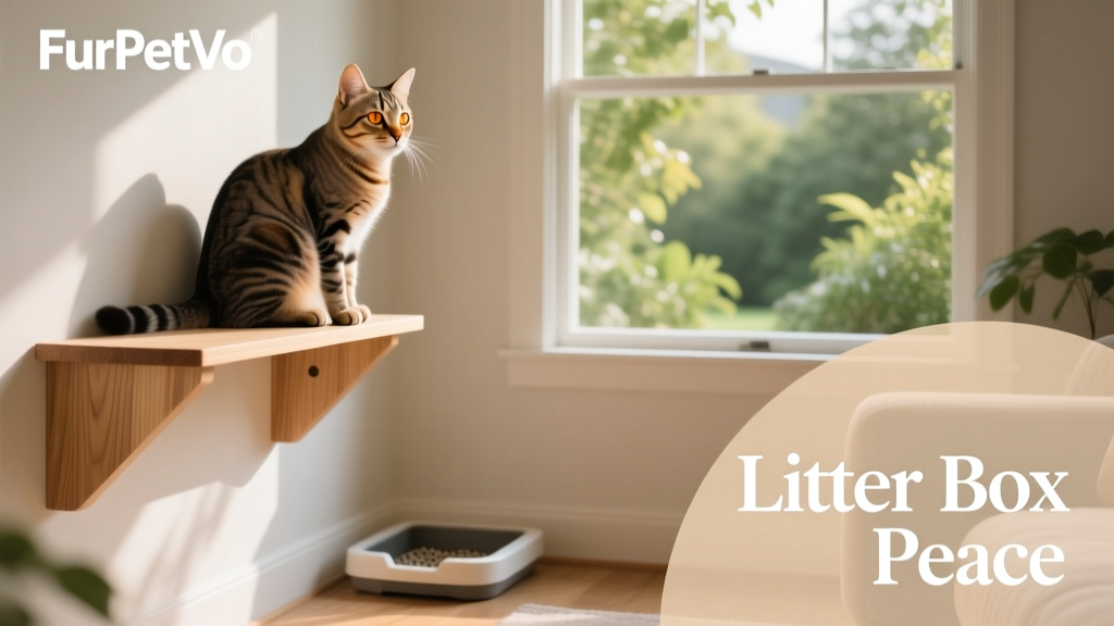 A relaxed cat perched on a FurPetVo wall shelf overlooking a sunny window, away from ground-level activity