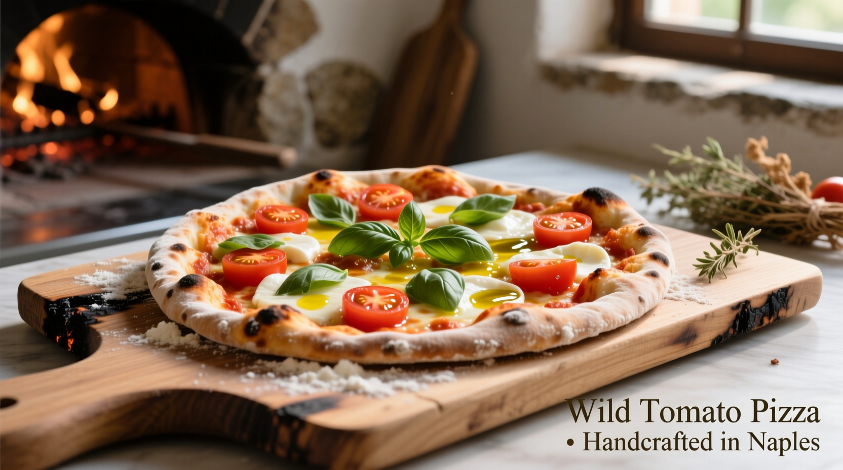 Wild Tomato pizza with fresh ingredients on wooden board