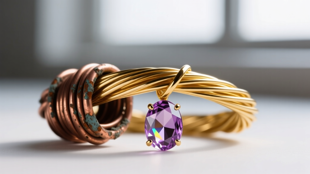 Macro shot of tarnished copper wire wrap next to bright 14/20 gold-filled wire wrap holding a faceted amethyst briolette drop.